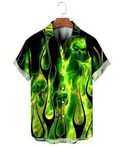 Casual Green Flame Skull Print Aloha Hawaiian Shirt