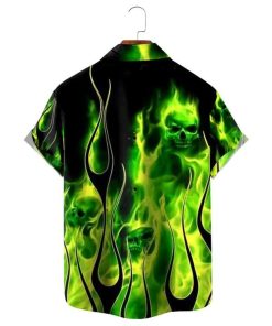 Casual Green Flame Skull Print Aloha Hawaiian Shirt 2