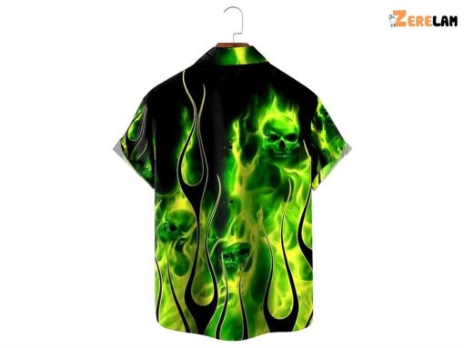 Casual Green Flame Skull Print Aloha Hawaiian Shirt