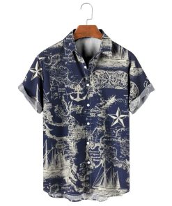 Casual Navy Map Hawaiian Shirt