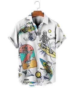 Skeleton Surfing Down Hawaiian Shirt