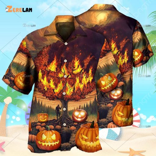 Halloween Pumpkin Burning Crazy Horror Movie Hawaiian Shirt