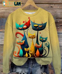 Abstract Cat Print Round Neck Long Sleeve Shirt