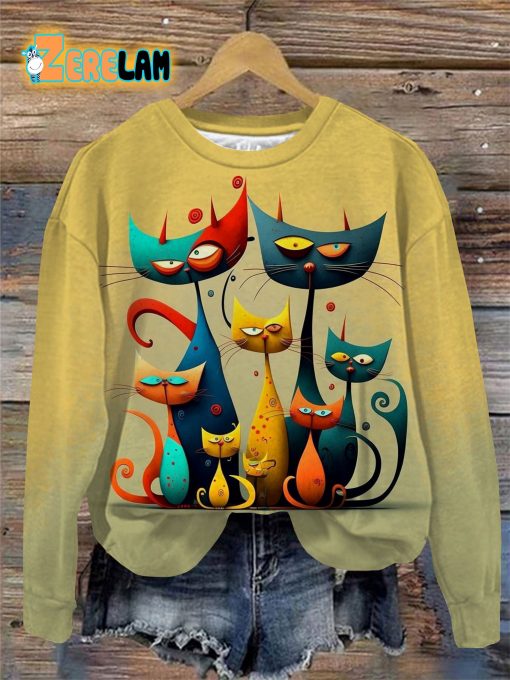 Abstract Cat Print Round Neck Long Sleeve Shirt