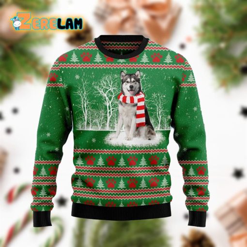 Alaskan Malamute Winter Tree Couples Matching Funny Family Ugly Sweater