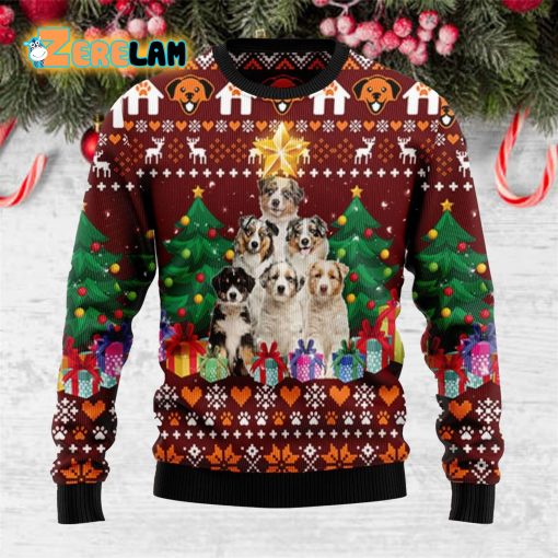Australian Shepherd Dogs Pine Tree Ugly Christmas Holiday Sweater
