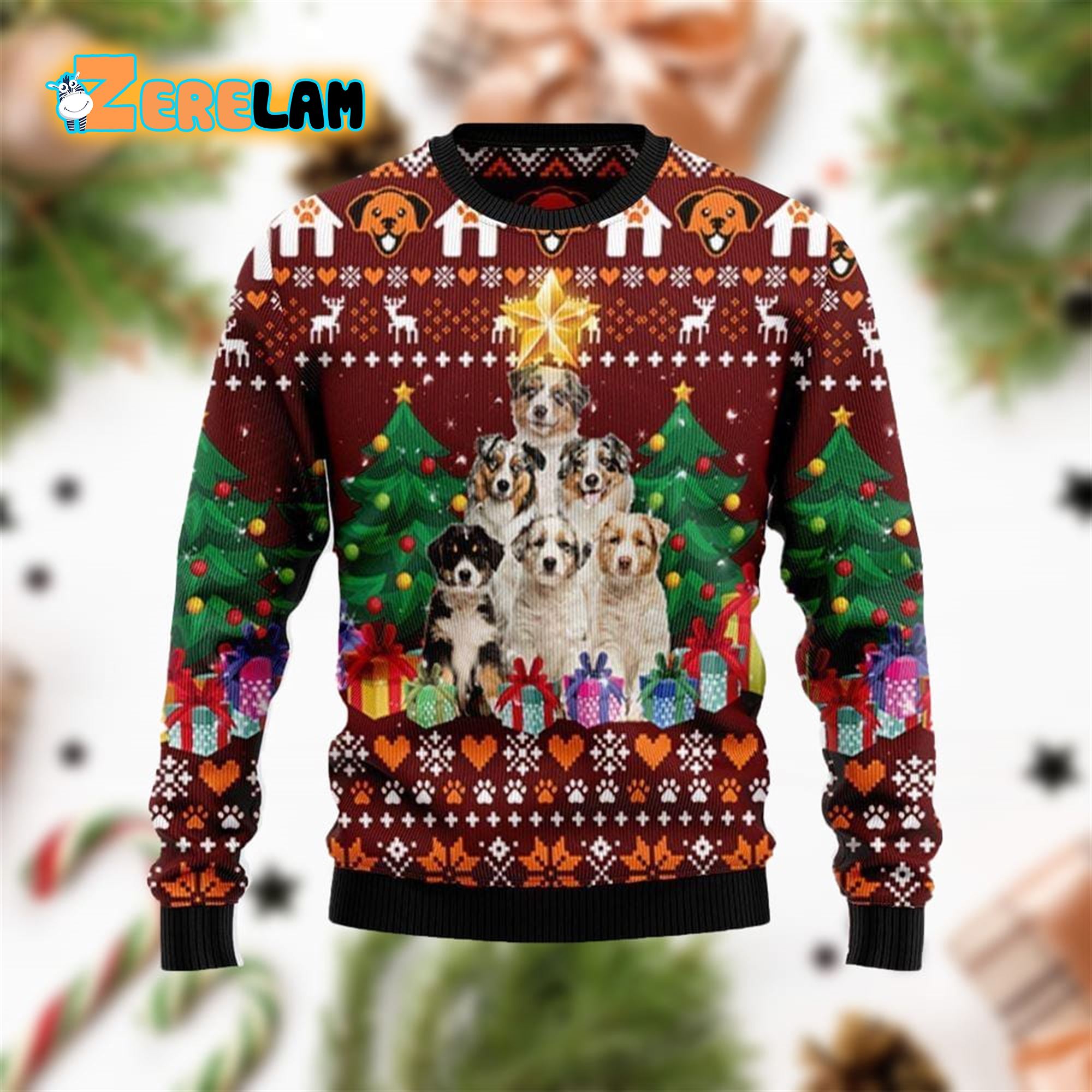Australian Shepherd Pine Tree Ugly Sweater Christmas - Zerelam