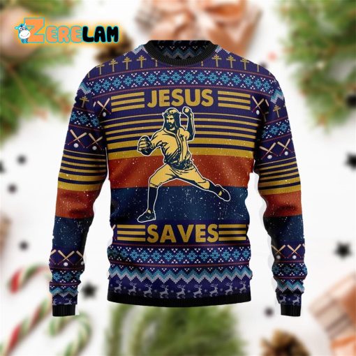 Baseball Jesus Save Ugly Sweater Christmas