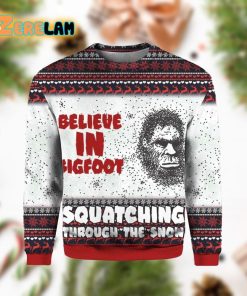 Believe In Bigfoot Squat Ching Through The Snow Ugly Sweater