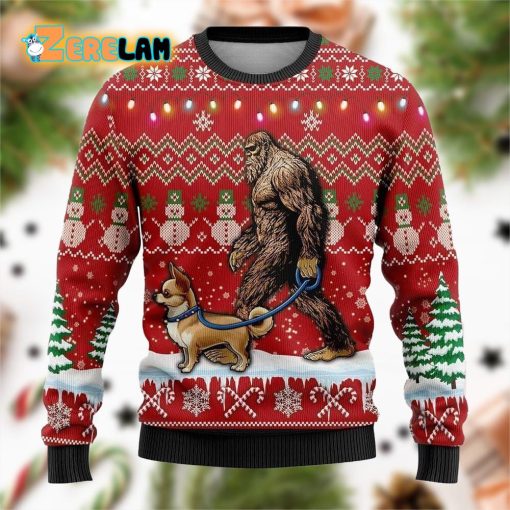 Bigfoot Goes To Spend Christmas With Chihuahua Ugly Sweater
