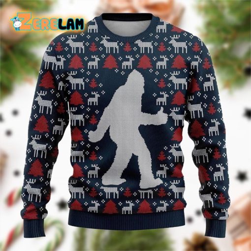 Bigfoot Reindeer And Pine Tree Motifs Blue Sweater Ugly