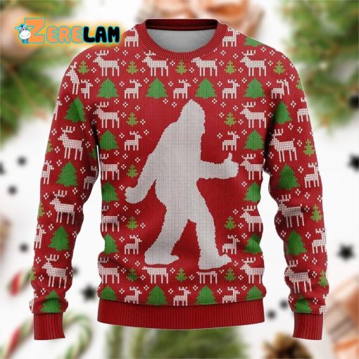 Bigfoot Reindeer And Pine Tree Motifs Ugly Sweater