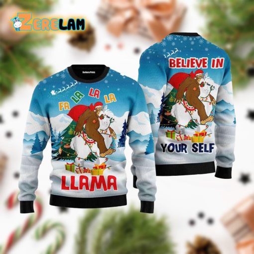 Bigfoot Riding Llama Ugly Sweater Christmas