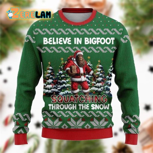 Bigfoot Squatching Through The Snow Ugly Sweater Christmas