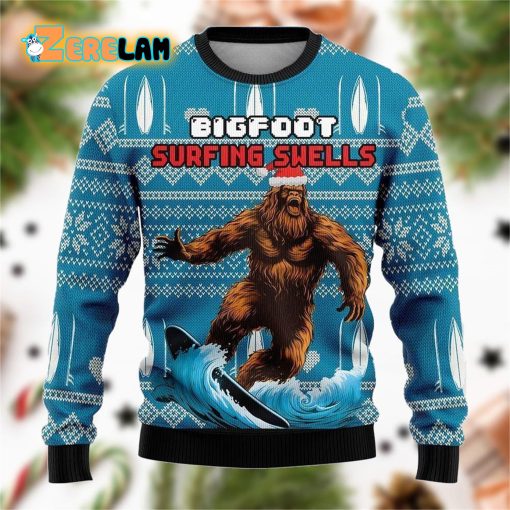 Bigfoot Surfing Swells Ugly Sweater Christmas