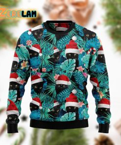 Black Cat And Leaves Funny Family Light Blue Ugly Sweater