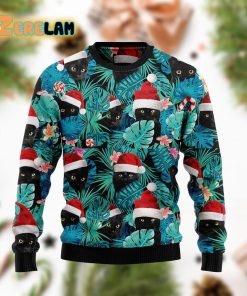 Black Cat And Leaves Light Blue Ugly Sweater