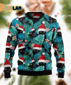 Black Cat And Leaves Funny Family Light Blue Ugly Sweater Christmas