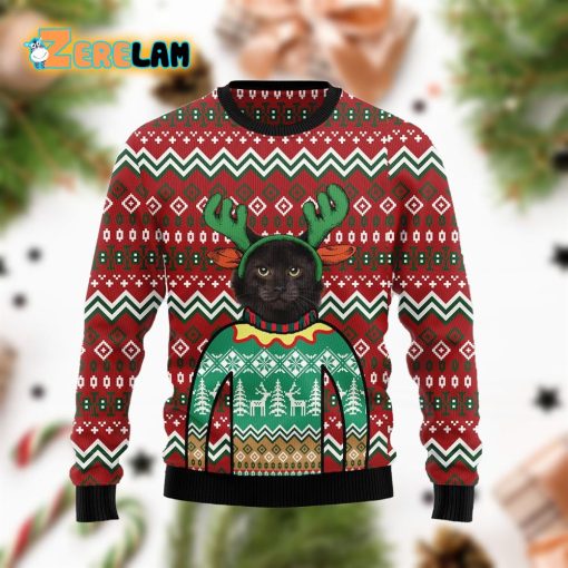 Black Cat Christmas Reindeer Awesome Funny Ugly Sweater