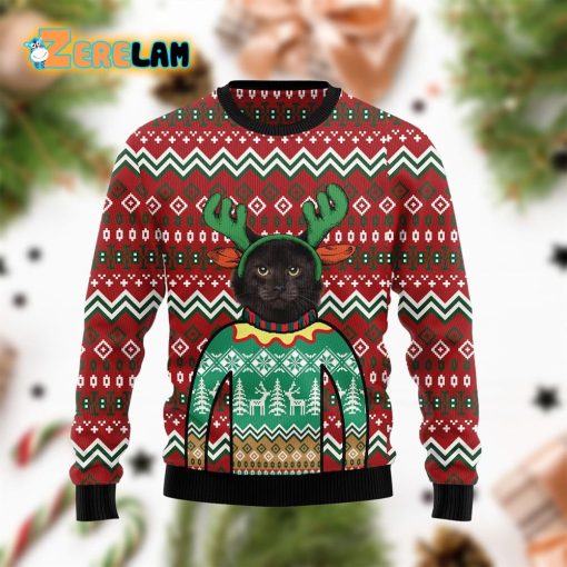 Black Cat Christmas Reindeer Ugly Sweater