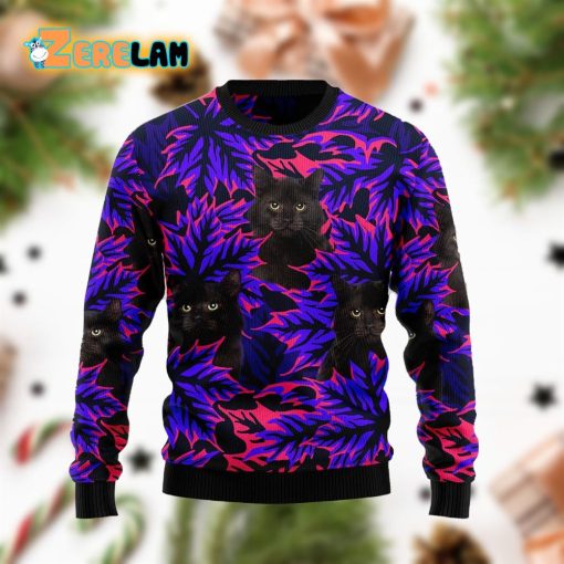 Black Cat Leaves Funny Family Purple Ugly Sweater