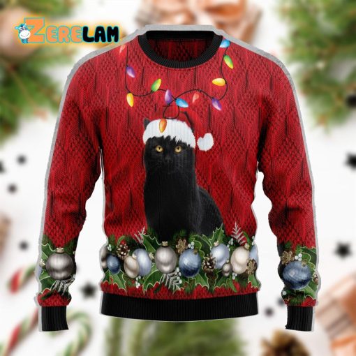 Black Cat Red Hat Christmas Beauty Funny Ugly Sweater