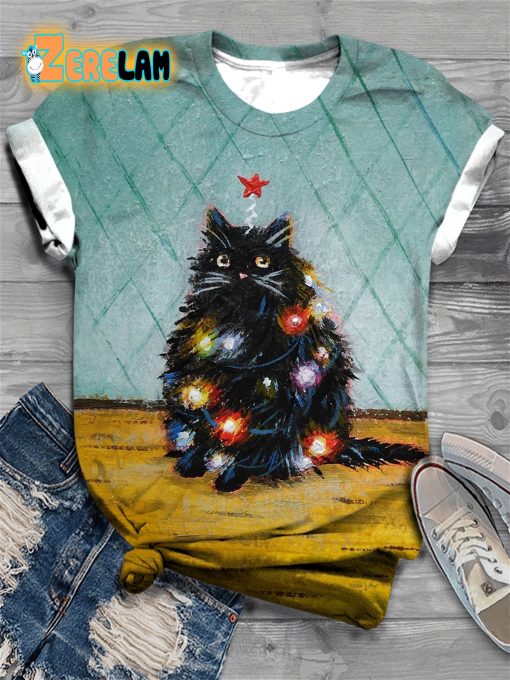 Black Santa Cat In Lights Christmas Crew Neck T-shirt