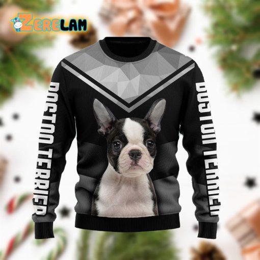 Boston Terrier Funny Black And Grey Christmas Holiday Ugly Sweater