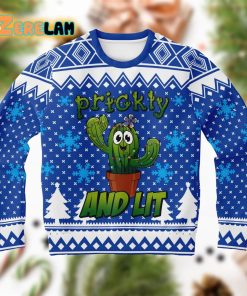 Cactus Prickly And Lit Blue Christmas Ugly Sweater