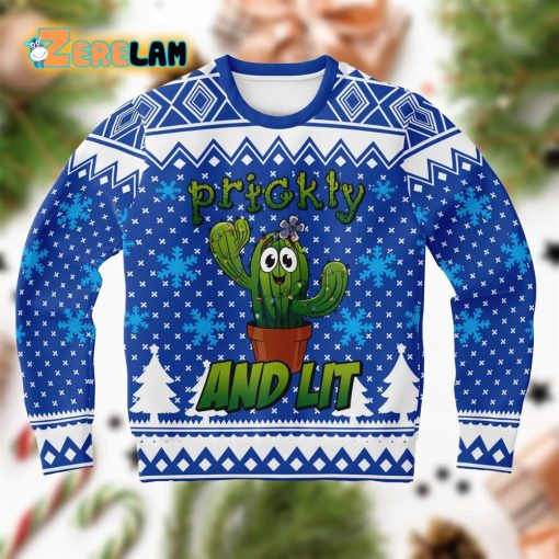 Cactus Prickly And Lit Blue Christmas Ugly Sweater