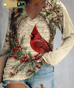 Cardinal Bird Retro Print V-neck T-shirt