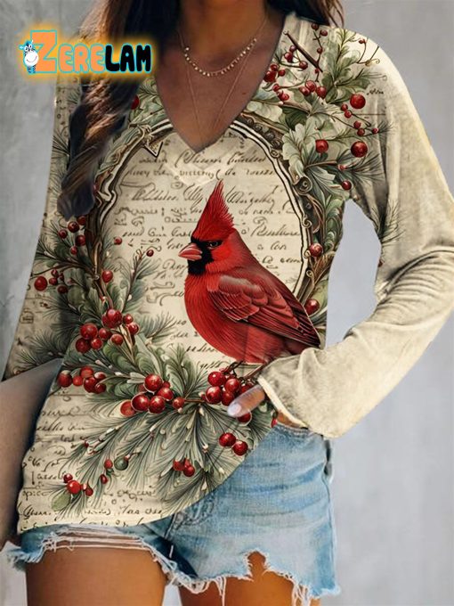 Cardinal Bird Retro Print V-neck T-shirt