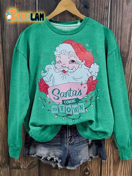 Casual Santa’s Coming To Town Printed Long Sleeve Sweatshirt