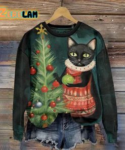 Cat Decorates Christmas Tree Print Pullover Long Sleeve Sweatshirt