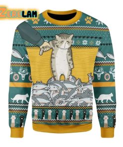 Cat With Fish Ugly Christmas Sweater All Over Print Sweatshirt