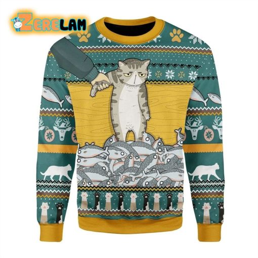 Cat With Fish Ugly Christmas Sweater All Over Print Sweatshirt