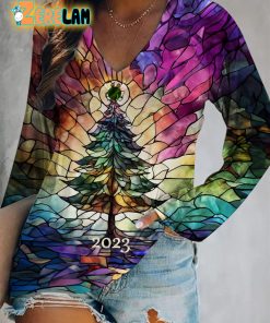 Christmas 2023 Print V-neck Long Sleeve T-shirt