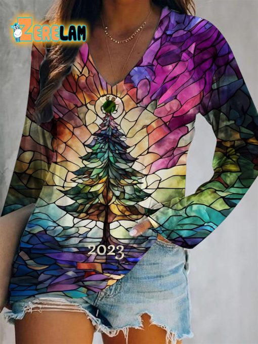 Christmas 2023 Print V-neck Long Sleeve T-shirt