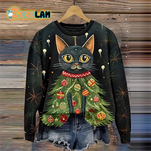 Christmas Cute Cat Print Pullover Sweatshirt