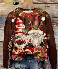 Christmas Gnome And Bear Print Round Neck Sweatshirt