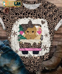Christmas Leopard Cookie Print Crew Neck T-shirt