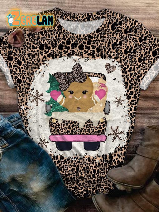 Christmas Leopard Cookie Print Crew Neck T-shirt