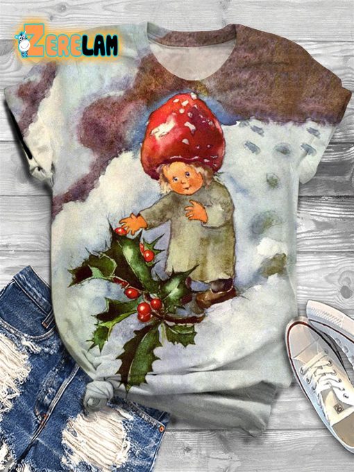 Christmas Mushroom Girl Print Crew Neck T-shirt