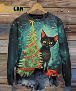 Christmas Tree Cat Print Long Sleeve Sweatshirt
