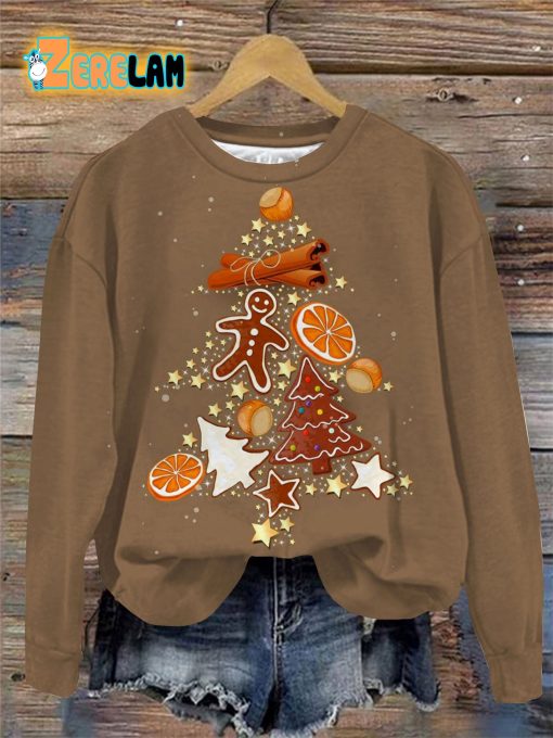 Cookie Christmas Tree Print Round Neck Long Sleeve Shirt