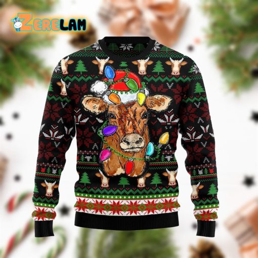 Cow With Santa Hat And Christmas Lights Funny Ugly Sweater