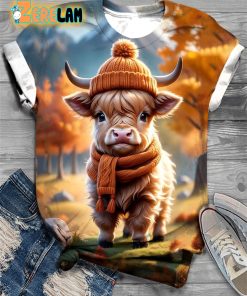 Cute Adorable Baby Highland Cow Print Crew Neck T-shirt