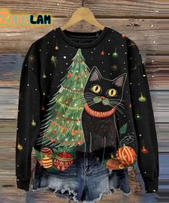 Cute Cat Christmas Ornaments Print Long Sleeve Sweatshirt