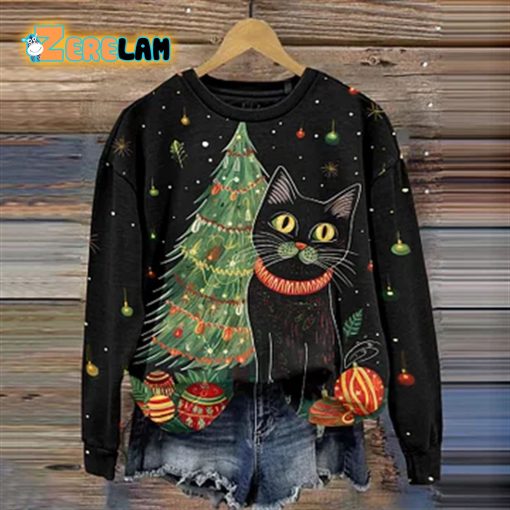 Cute Cat Christmas Ornaments Print Long Sleeve Sweatshirt