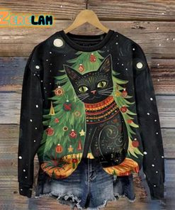 Cute Cat Christmas Print Pullover Sweatshirt